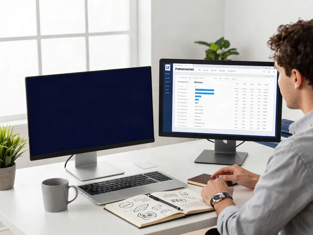 Professional analyzing instant indexing tools in a bright marketing workspace