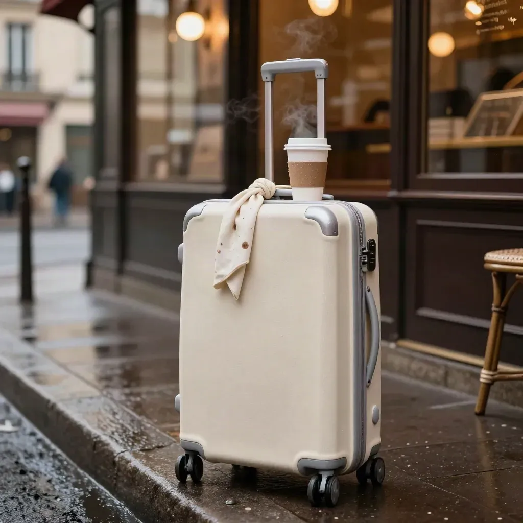 Cream suitcase, scarf and coffee cup by a rainy Paris café curb at dusk