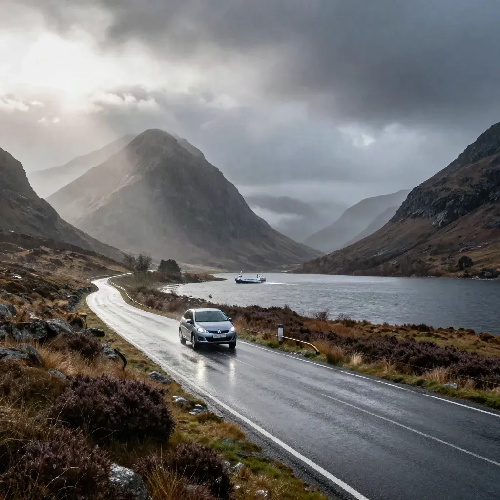 Stormy Glencoe road with a tiny hire car, mist, mountains, and a distant ferry wake