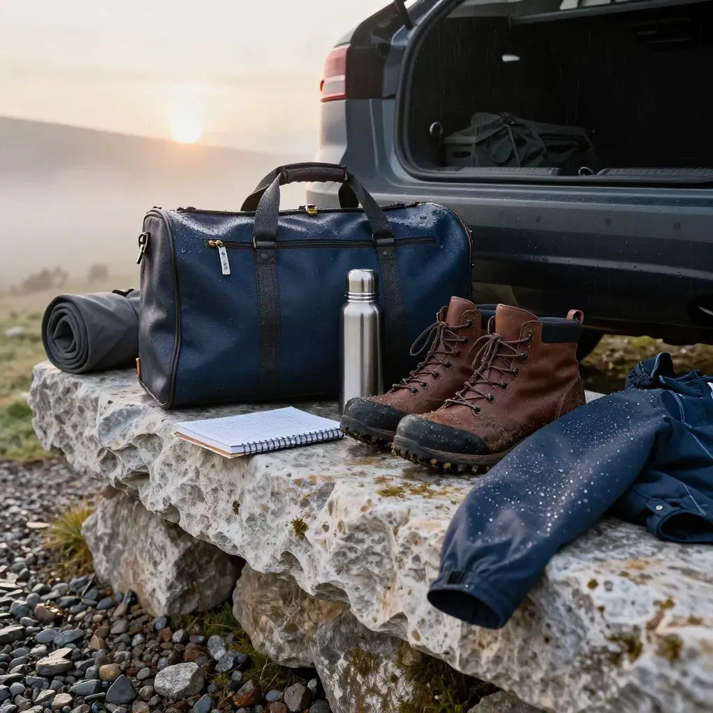 Weekend travel kit on a rainy boot ledge at dawn with boots, holdall, jacket and misty hills.