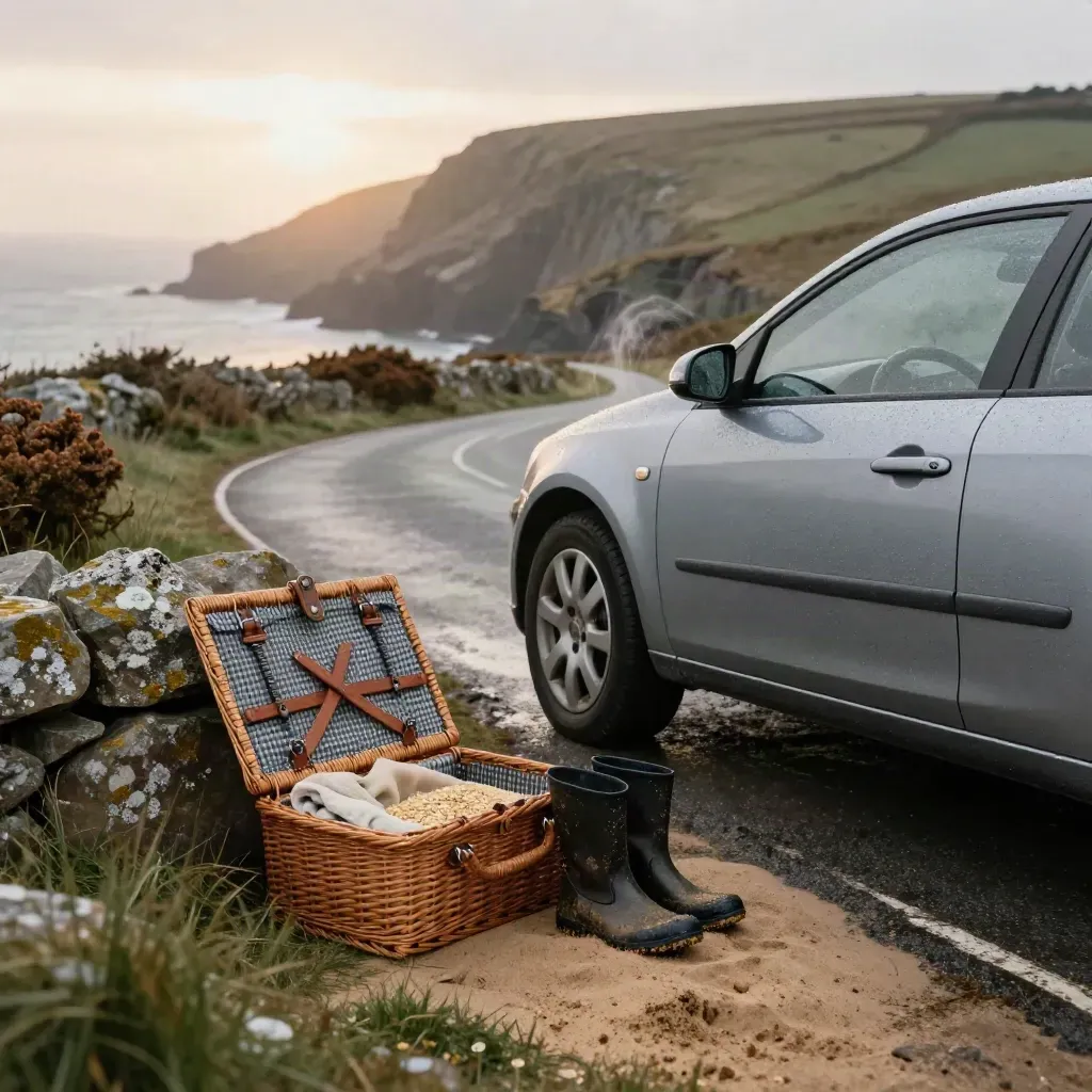 Salt-speckled hatchback at a Cornish lay-by with hamper, blanket, boots and sea spray.