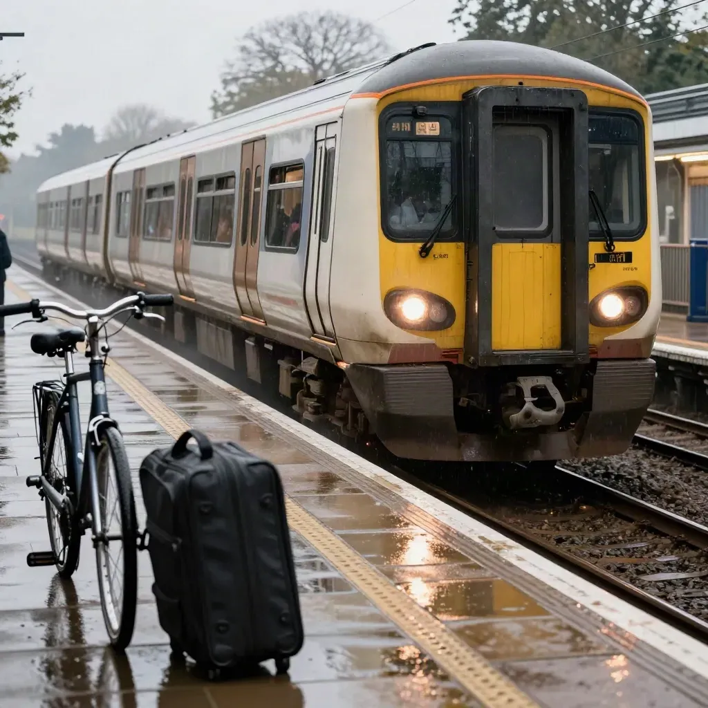 Rain-soaked suburban London train braking into a platform beside a bike rack and rolling carry-on.