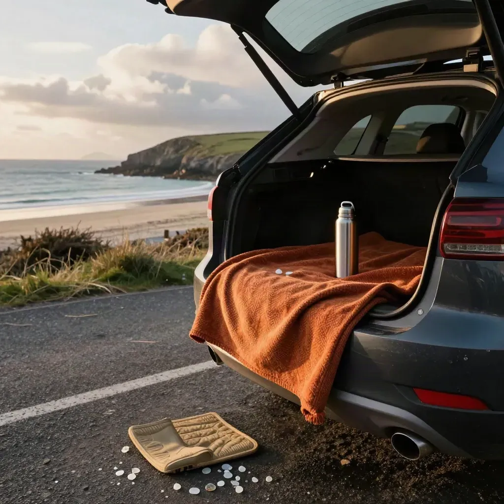 Parked car with open boot, picnic blanket, thermos and sea glass above a Cornish beach.