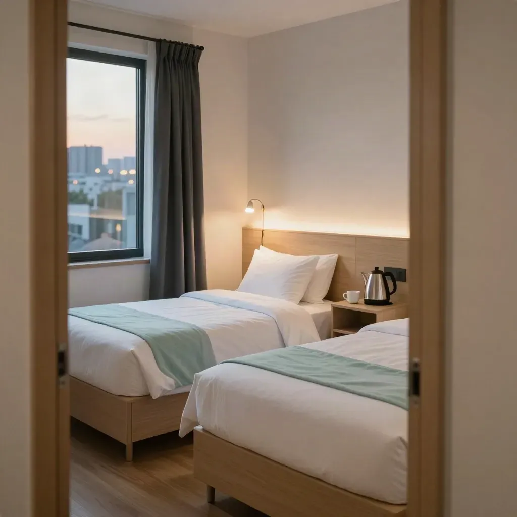 Compact twin hotel room at dusk with lamp, kettle, white beds, and city light.
