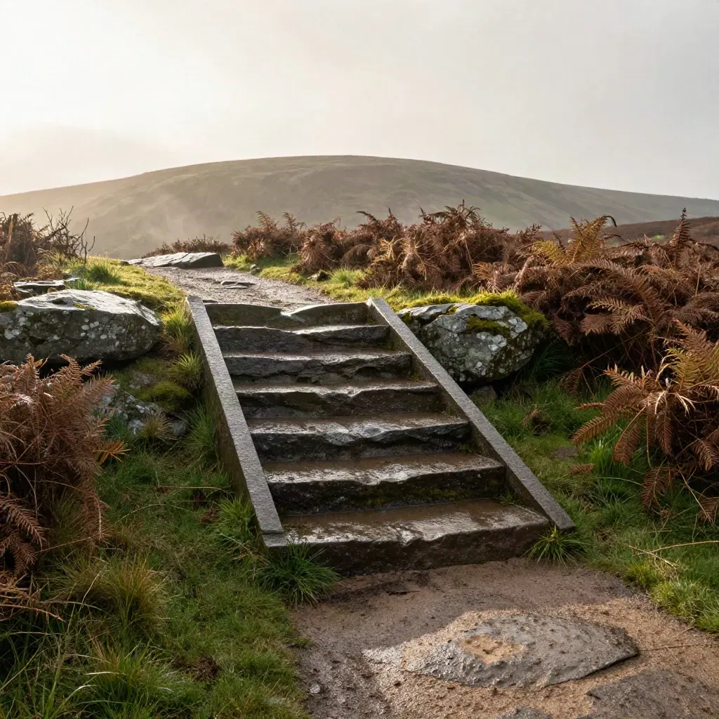 Wet stone stile on a bracken path above Derwentwater under a pale rainy sky.