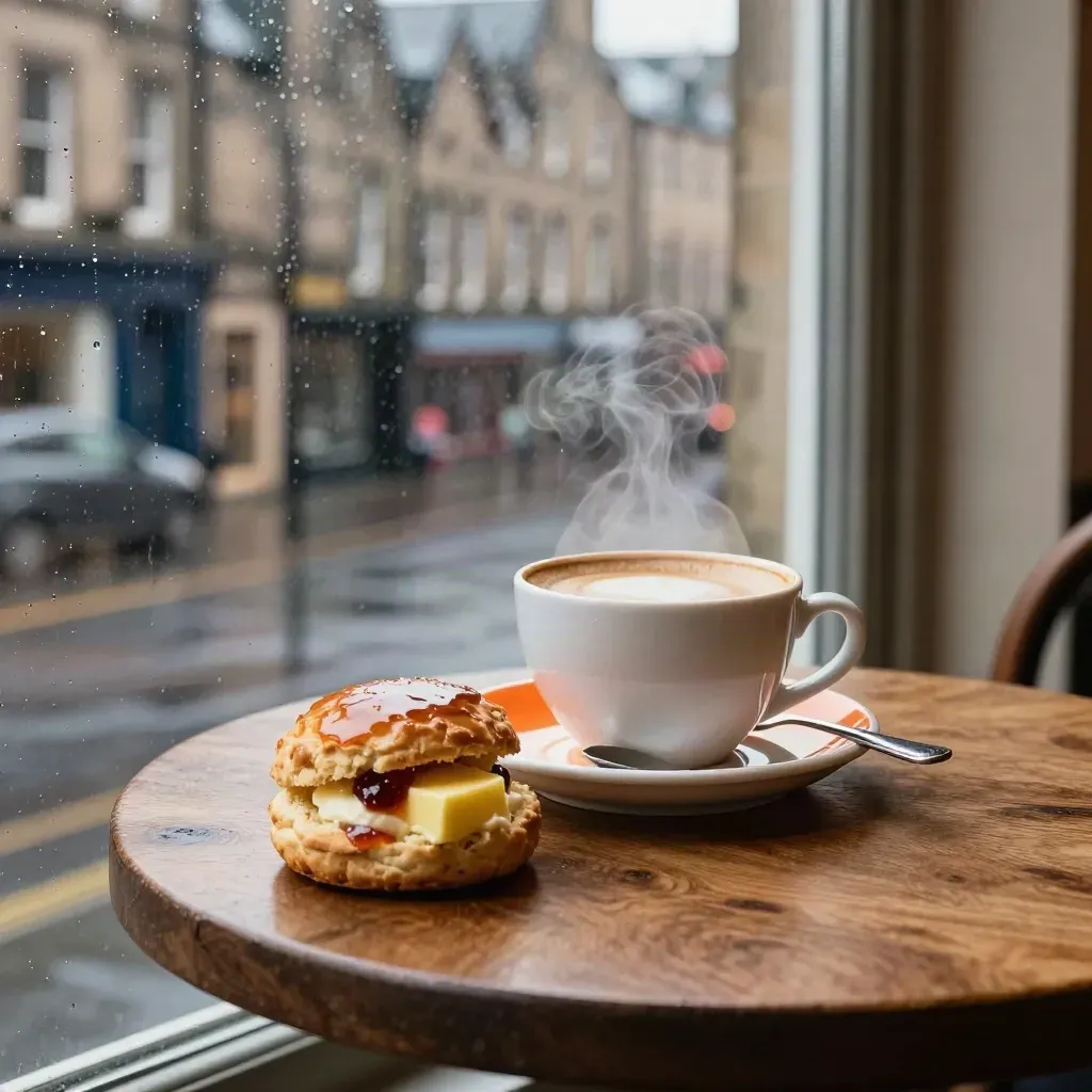 Latte and scone on an Edinburgh café table by a rain-washed Old Town window