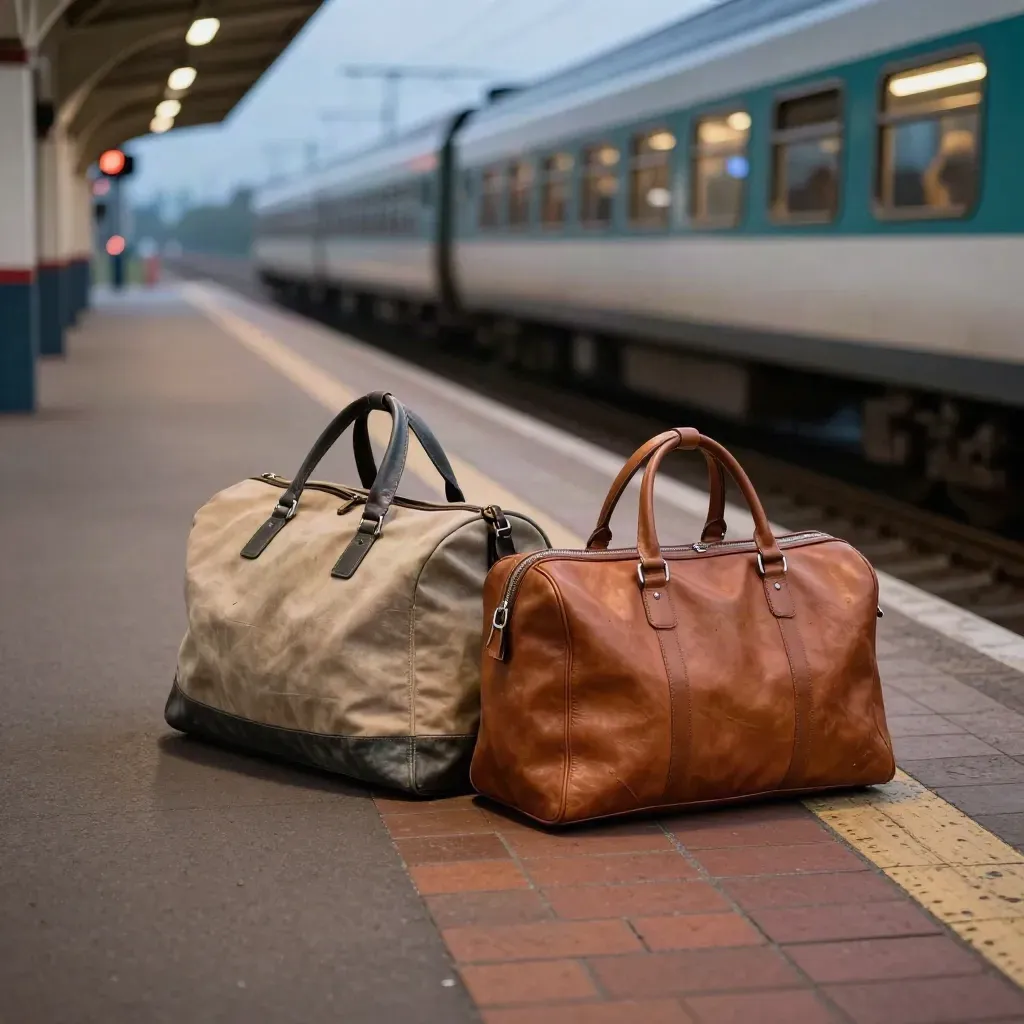 Two overnight bags on a dusky platform beside a glowing sleeper train.