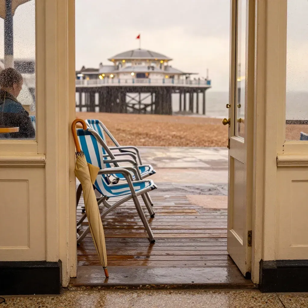Folded umbrella by Brighton arcade doorway, wet deckchairs, rain, café glow, and pier lights.