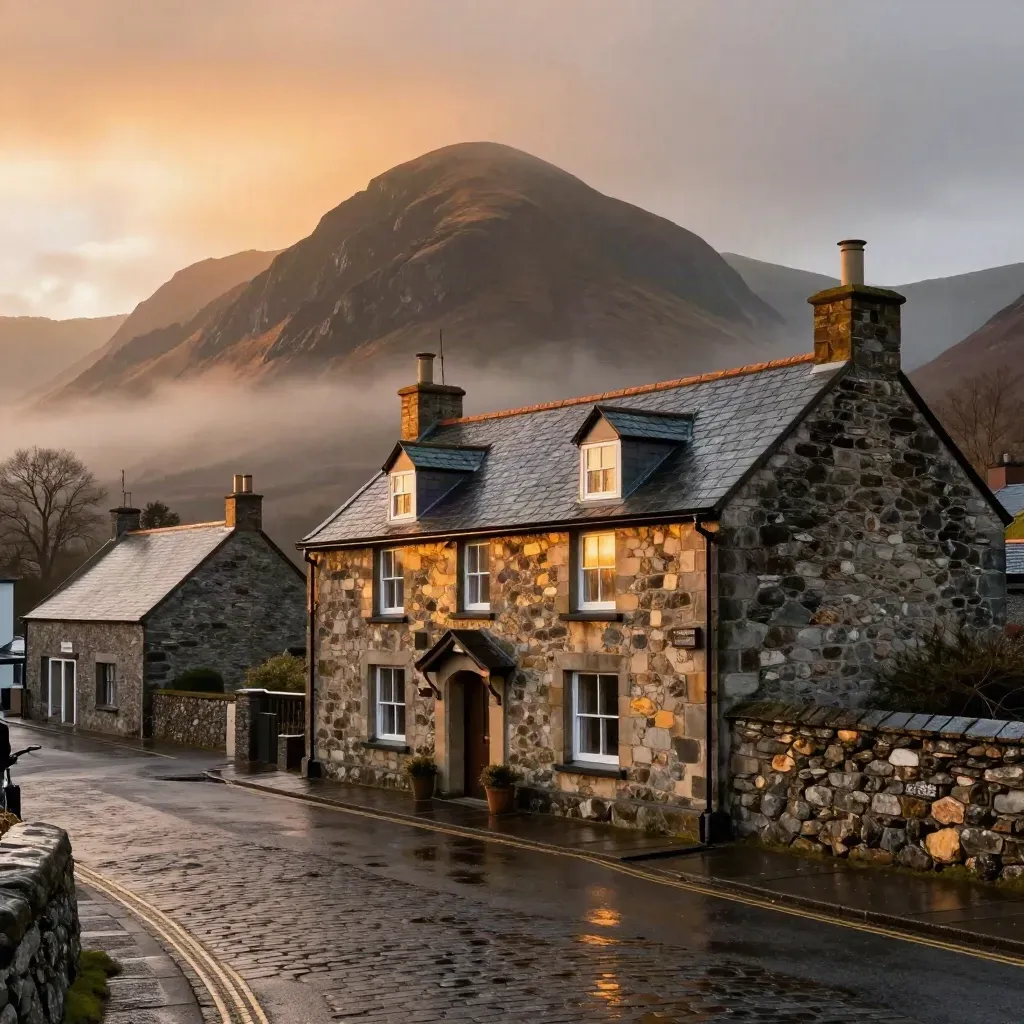 Stone inn in a Welsh market town with wet slate roofs and Snowdonia lit by breaking evening clouds.