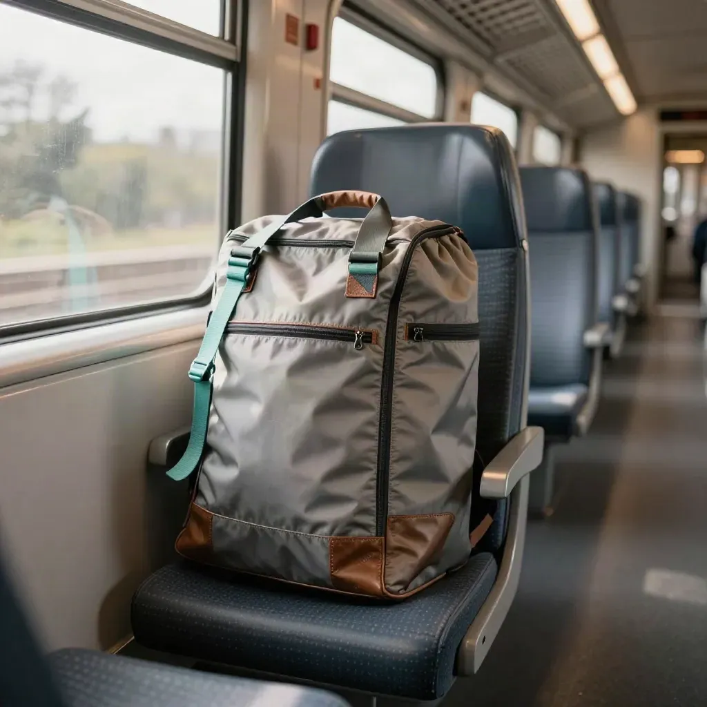 Empty train carriage with two overnight bags swaying by a reflective window