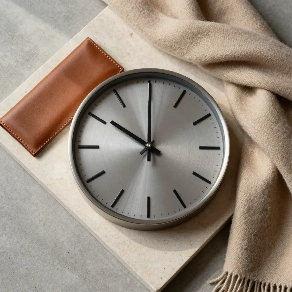 Overhead flatlay of a station clock, ticket sleeve, and wool scarf on pale stone.