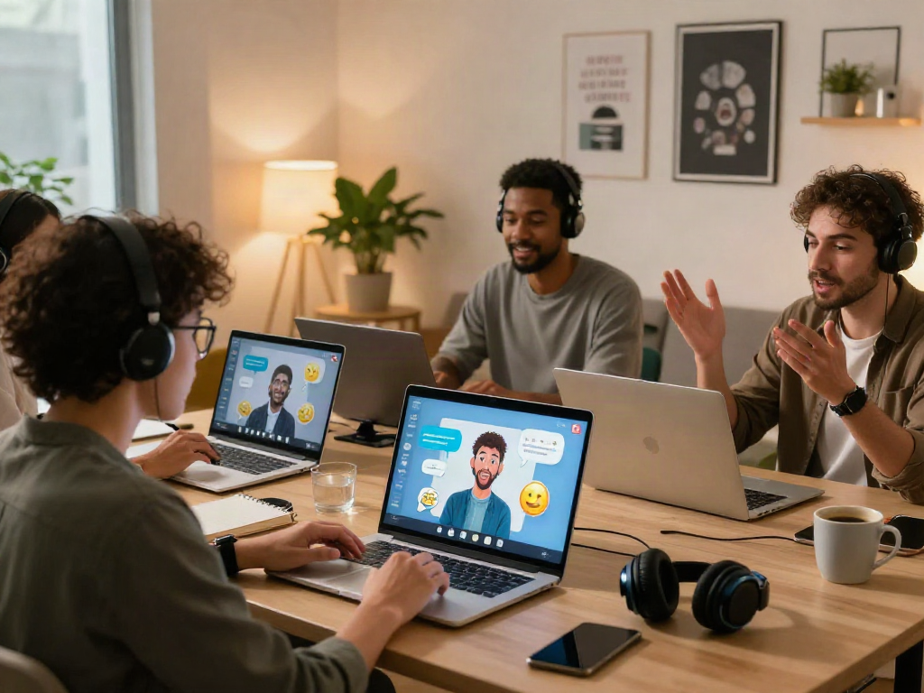 Diverse users engaging in nsfw ai chat on modern digital platforms in a cozy chatroom scene.